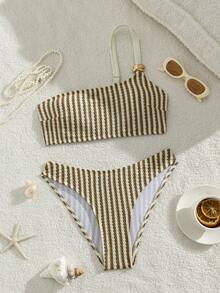 Swim Mod Ladies' Spring/Summer Beach Vacation Music Festival White Knitted Jacquard One Shoulder Metal Jewelry Fashion And Elegant Coastal Sexy Bikini Set - Multicolor - View 4