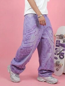 FROVYX Men's Pocket Frayed Hem Wide Leg Loose Casual Jeans, Emo Style - Mauve Purple - View 3
