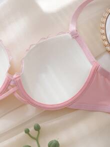 DelicateAllure Bra Wanita Pink dengan Kawat Penyangga, Cup Cetak Nyaman, Model Balconette, Push-Up, Dukungan Tinggi, Tali Silang, Patchwork Renda, Murni & Imut - Berwarna merah muda - View 3