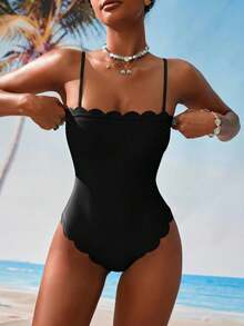 Swim Vcay 1pc Women Plain Color Strapless Scalloped One-Piece Swimsuit For Vacation For Summer - Black - View 3