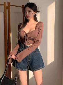 DAZY 女士A字牛仔休闲街头风性感热裤，夏季牛仔短裤 - 深色水洗藍 - 查看 8