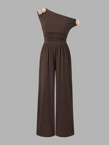 Tween Girls Solid Color Asymmetric Neck Sleeveless Wide Leg Jumpsuit Brown Back To School Style - Brown - View 3