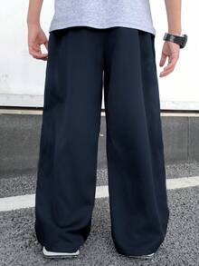 SHEIN Tween Boy Straight Side Color Block Splice Sports Pants, Suitable For Autumn/Winter Casual, Outdoor, School Occasions - Navy Blue - View 2