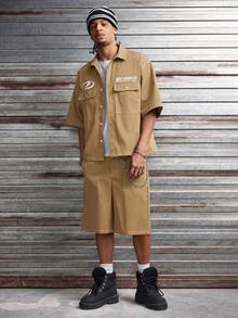 AXEPEAK Men's Letter Print Short Sleeve Cargo Pocket Shirt And Shorts Casual Set - Khaki - View 6
