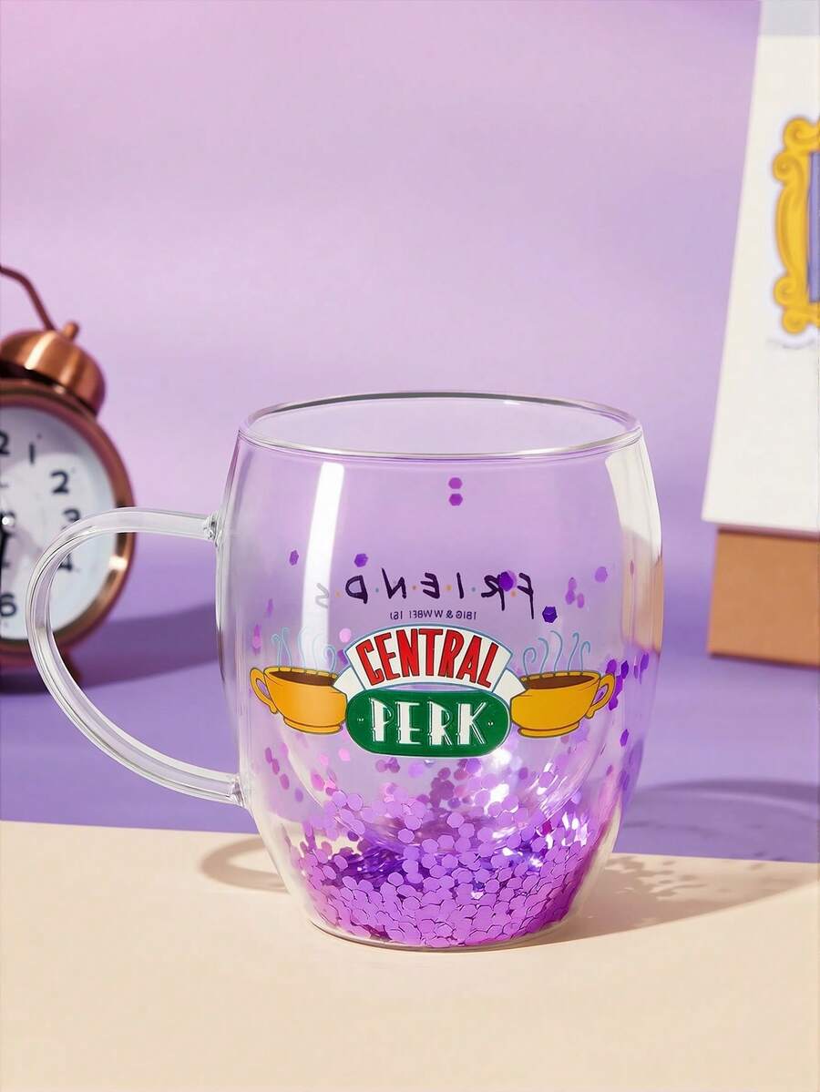 FRIENDS X SHEIN 1個 8.8oz/260ml 卡通圖案高硼矽雙層玻璃咖啡杯,耐冷耐熱,適用於牛奶、果汁、咖啡、氣泡水等,友誼禮物 - 夾層紫色 - 查看 1