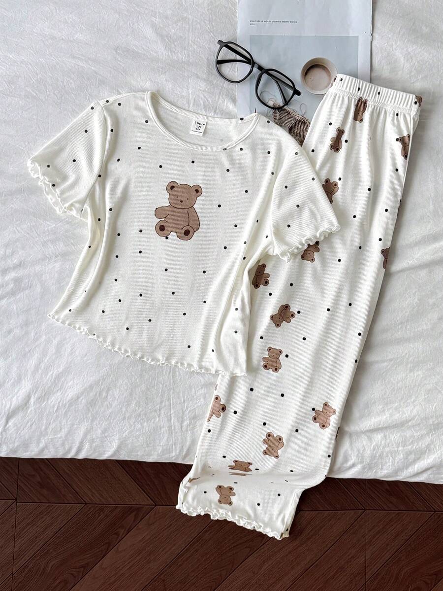 SHEIN 青少年女孩睡衣套裝,簡約可愛復古波點卡通熊圖案,圓領短袖長褲搭配荷葉邊褲腳,柔軟舒適親膚針織羅紋居家睡衣,2件組 - 杏色 - 查看 1