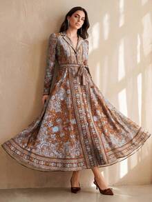 Anewsta Autumn/Winter Brown Vintage Bohemian Print Tie-Front Long Dress For Women - Coffee Brown - View 3
