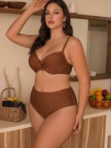 Swim Chiccia Plus Size Retro Burgundy Bikini Red,Summer,Classy,Beach,Holiday Twist Cup Uplift Support High Waist Side Ruched Solid Color 2-Piece Swimwear Set - Rust Brown - View 3