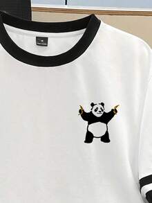 Manfinity Joysei Camiseta de talla estándar para hombre con puño en contraste y diseño de estampado de panda divertido - Blanco - Ver 2