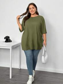 SHEIN CURVE+ Plus Size Women's Solid Color Round Neck Drop Shoulder Loose Casual T-Shirt Club Formal Army Green Summer - Army Green - View 6