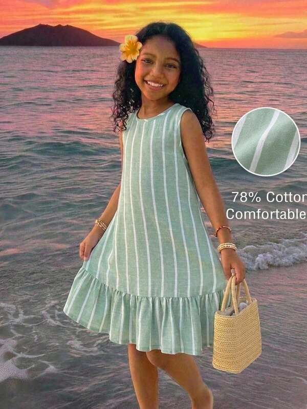 SHEIN Tween Girls Tween Girl Green Striped Tank Dress, Casual Daily Fashion, Versatile For Camping And Outings, Sister Matching, Parent-Child Outfit