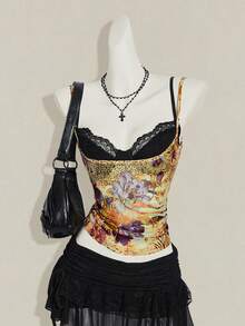 SHEIN ICON 女款豹紋透視細肩帶上衣搭配黑色蕾絲內衣 2件套 - 彩色 - 查看 3