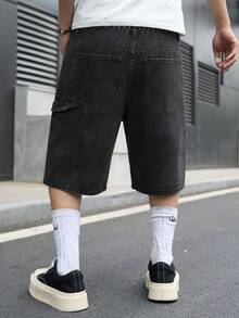 GALLERY FADE Denim Button Zipper Pocket Finger Pattern Shorts - Black - View 2