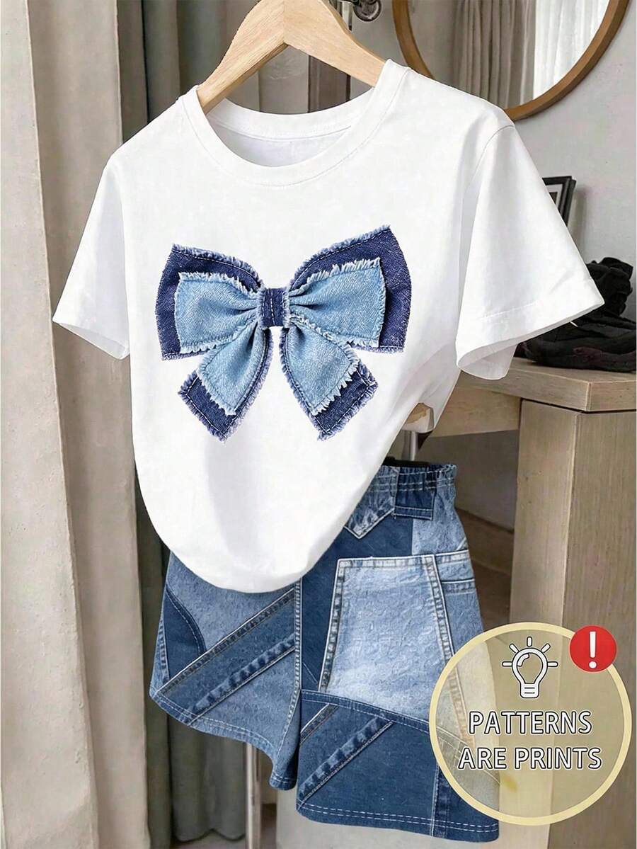 2件組青少年女孩休閒夏季蝴蝶結印花圓領短袖針織T恤與3D印花軟針織上衣 - 彩色 - 查看 1