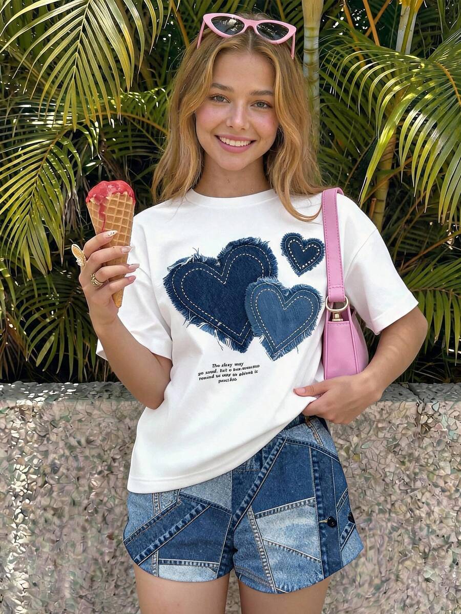 青少年女孩休閒極簡可愛個性化紋理愛心圖案短袖短褲2件套,適合夏季,圖案、卡哇伊、女孩套裝、復古、返校季、嬰兒藍、Cupid Pick - 彩色 - 查看 1