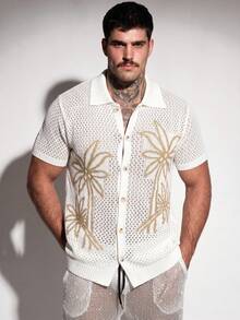 DSELFIQUE Men's Summer Casual Vacation Coconut Tree Pattern Front Button Hollow Knit Top, Holiday - White - View 1