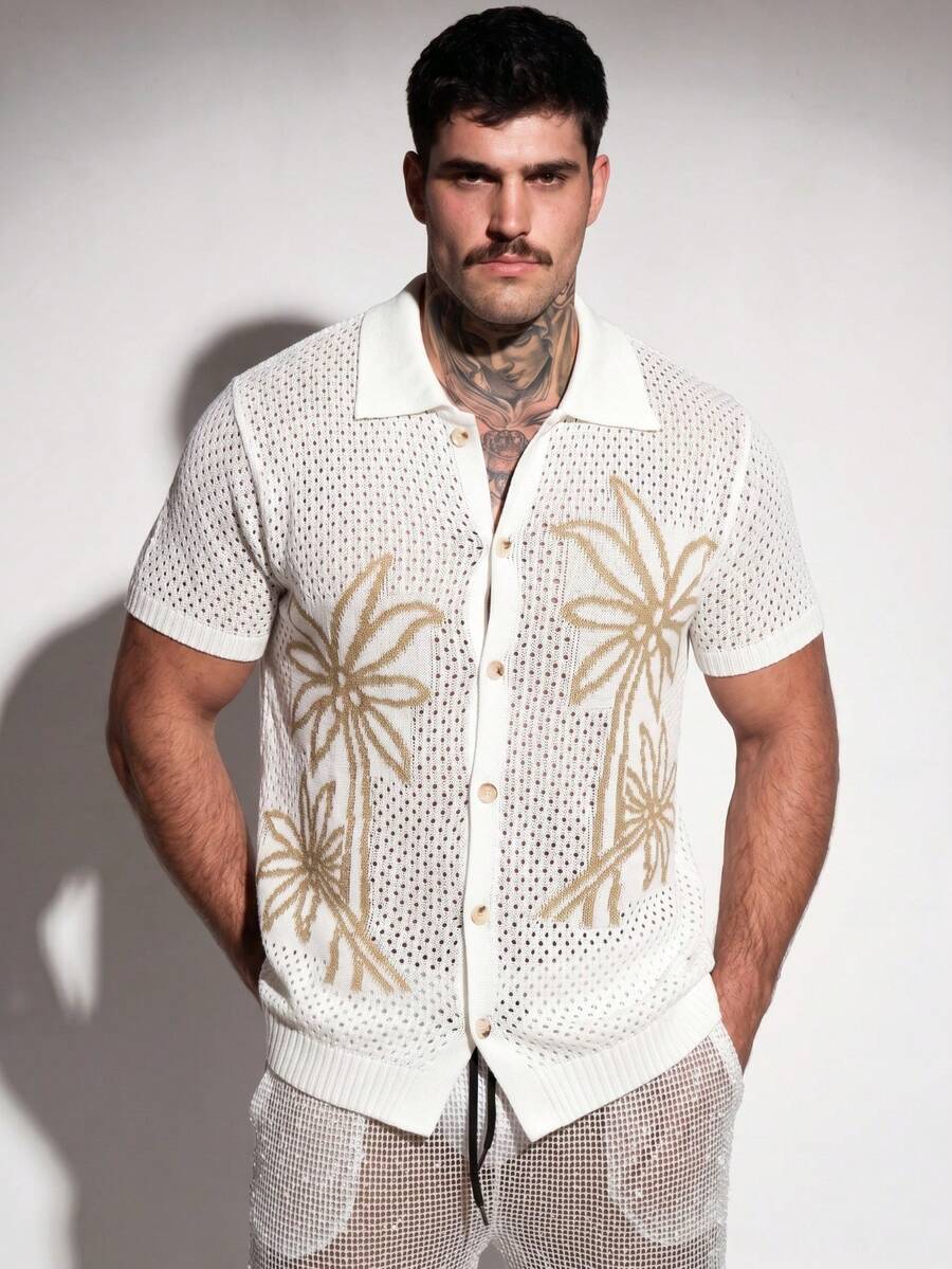 DSELFIQUE Men's Summer Casual Vacation Coconut Tree Pattern Front Button Hollow Knit Top, Holiday - White - View 1
