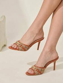 CUCCOO CHICEST Sapatos Femininos de Verão Novos com Fivela de Metal, Bico Fino, Salto Fino, Salto Alto, Chinelos de Dedo Aberto, Sandálias de Salto Alto Elegantes e Fashion, Saltos para Baile de Formatura, Sapatos de Verão - Marrom A - Visão 2
