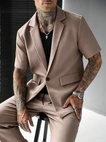 SLATEMANN 男士舒適素色布料大翻領單扣雙口袋短袖襯衫與抽繩鬆緊腰長褲套裝，休閒度假、朋友約會、雞尾酒會、沙龍、聚會、晚餐、日常辦公、極簡商務，特別適合春夏季節，適合自穿或送給朋友 - 摩卡棕 - 查看 6