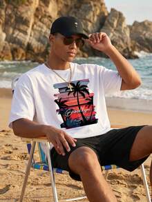 Manfinity EZcore Plus Size Men's T-Shirt Set, Sunset Coconut Tree Holiday Pattern - Multicolor - View 3