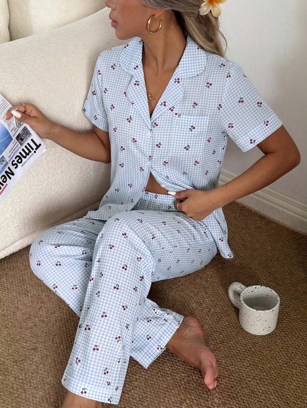 CottageSlumber Cherry Plaid Lapel Short Sleeve Long Pants Women's Pajama Set