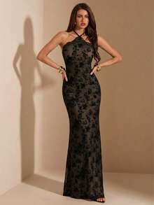SHEIN BAE Spring/Summer Women's Black Flocked Halter Neck Lace Trim Knit Mermaid Dress, Black Dress, Flocked Lace Dress, Ball Gown, Elegant Dress, Women's Wedding Guest Dress - Black - View 3