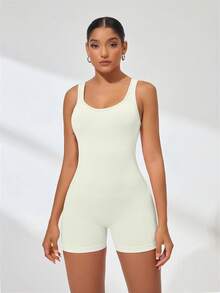 SHEIN Sports 女士健身连体衣，紧身时尚舞蹈瑜伽服 - 米色 - 查看 8
