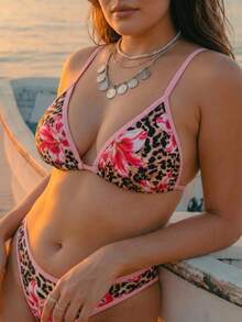 Swim Vcay Plus Size Women's Sexy Tropical Tropical Leopard Print Two Pieces Bikini Set, Contrast Trim Triangle Cup Swimwear, Suitable For Beach Vacation, Summer - Pink - View 5