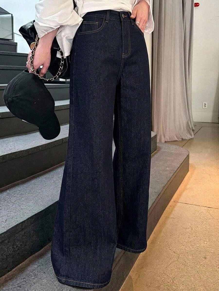 DAZY 女款寬鬆高腰修身直筒牛仔褲,極簡百搭舒適長褲,夏季地板長度 - 深色水洗藍 - 查看 1