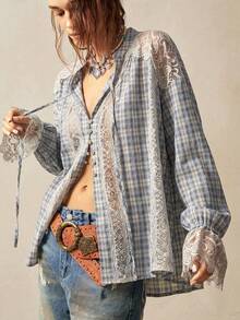 Bohemela Spring/Summer|Women's Casual Woven Vintage Plaid Lace Patchwork Shirt|Daily/Beach/Vacation/Festival/Party|Western|4th Of July|Country Concert|Juneteen - Blue - View 3
