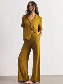 Ocili Women's Solid Color Short Sleeve Single-Breasted Top And Pants Casual Loungewear Set - Mustard Yellow - View 4