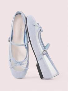 CUCCOO DOLLMOD Retro French Splicing Mesh Bow Elegant Mary Jane Shoes Women's Fashion Simple Commuting Spring New Blue Low Vamp Round Toe Flat Shoes - Light blue - View 1