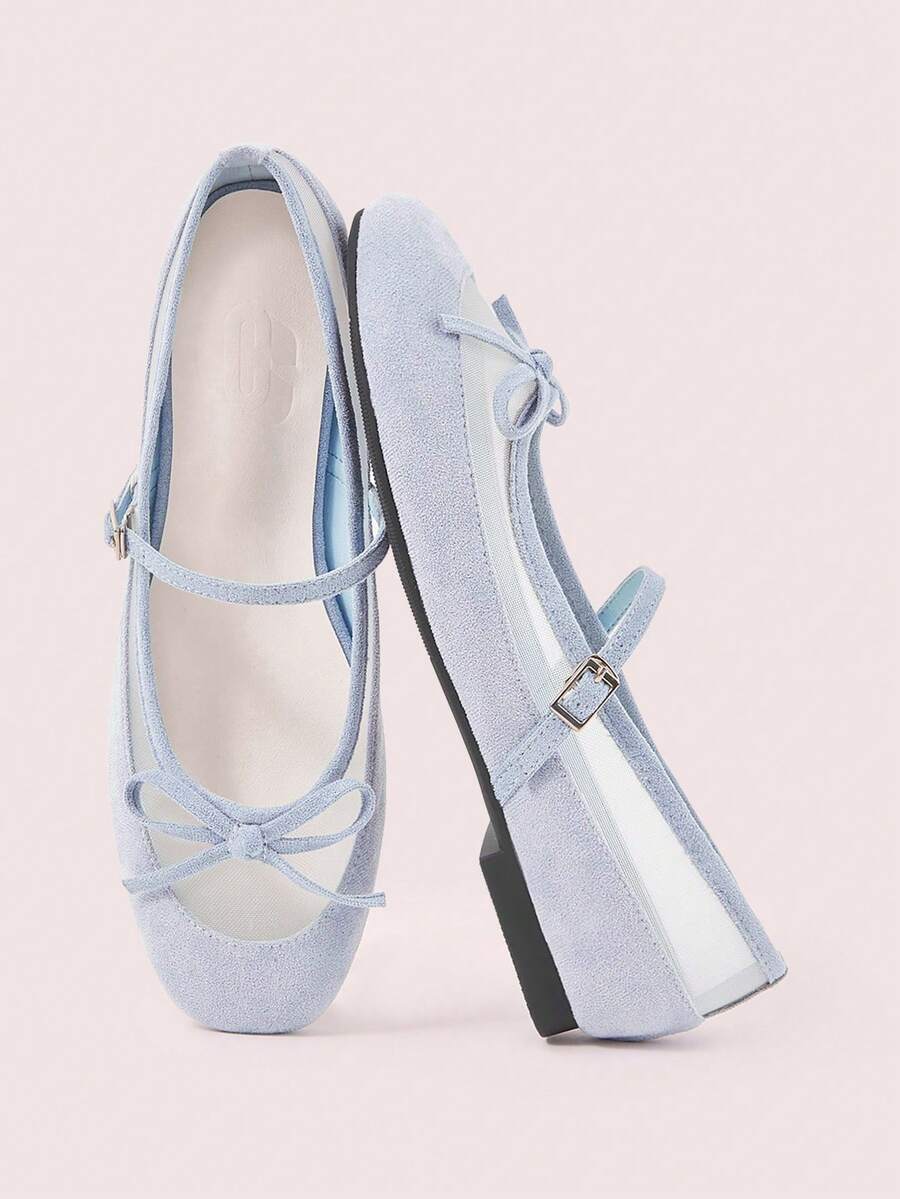CUCCOO DOLLMOD Retro French Splicing Mesh Bow Elegant Mary Jane Shoes Women's Fashion Simple Commuting Spring New Blue Low Vamp Round Toe Flat Shoes - Light blue - View 1