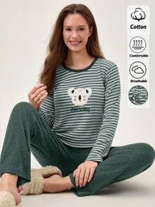 Loomlin 2pcs Cotton Contrast Colour Striped With Koala Embroidery Detail PJ Set - Green - View 3