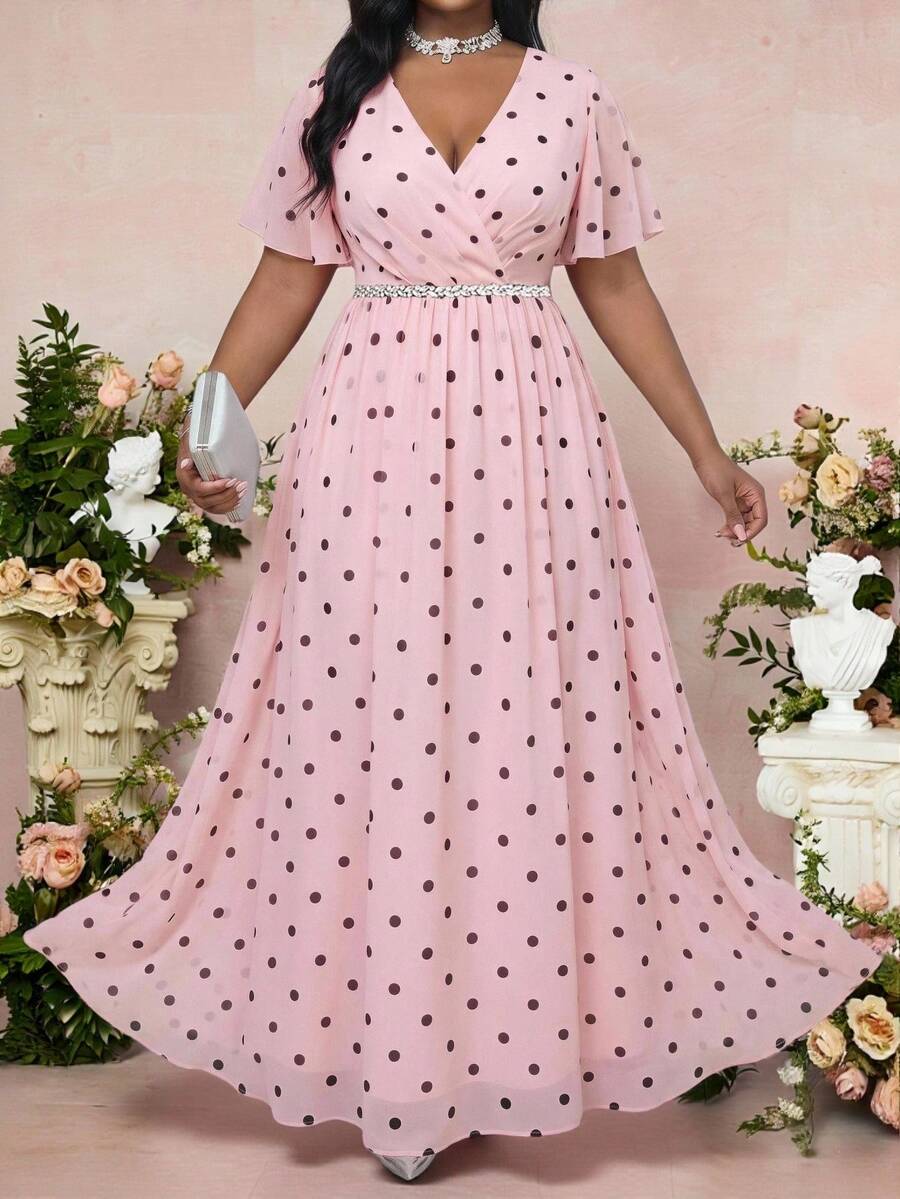 Fleurora Plus Size Elegant Polka Dot Print Summer Dress Wedding Guest Evening Formal Birthday Pink Outfit Women - Pink - View 1