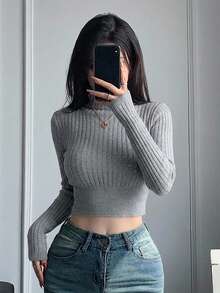 Dazy Star Solid High Neck Crop Sweater,Long Sleeve Tops Fall - Grey - View 14