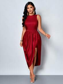 SOLERSUN Spring/Summer Women's Wear: Elegant And Charming, Perfect For Parties And Gatherings. Stretch Knit Fabric, Sleeveless, Stand Collar, Fitted, Front Slit, Gathered, Asymmetrical Hem, Midi Dress. - Burgundy - View 6