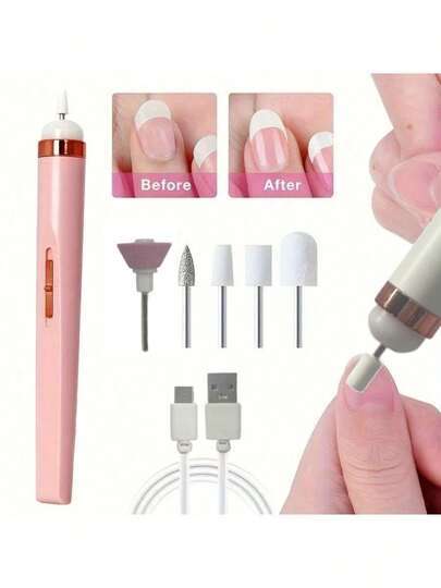 Portable Nail File, Electric Nail Drill With 5 Accessory Drills, USB Charging With LED Light, Adjustable Speed, Suitable For Nail Art And Nail Care Tools