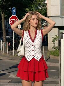 SHEIN MOD Women Polka Dot V Neck Sleeveless Short White Red Sweet Y2K Vest Going Out Party Back To School Fall Autumn - Red and White - View 5