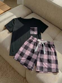 Resyla Pocket Patched Tee & Buffalo Plaid Print Shorts PJ Set / Pajama Set - Multicolor - View 2