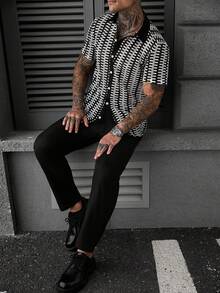 SLATEMANN Men's Mesh Patchwork Casual Shirt And Pants Set - Black and White - View 3