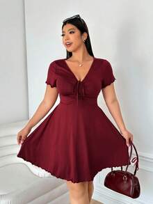 Enliva Plus Size Women's Valentine's Day Red V-Neck Twist Front Midi Dress - Burgundy - View 4