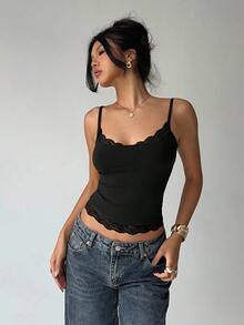 Aloruh 女士95%棉黑色蕾丝拼接吊带背心 - 优雅休闲蕾丝边修身圆领弹力基础款上衣，街头时尚Y2K风格，完美适用于春夏穿搭、约会之夜、音乐会、锐舞派对和音乐节。 - 彩色 - 查看 7