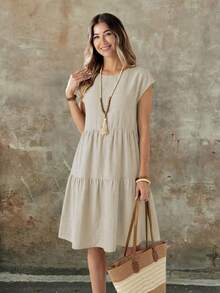 EMERY ROSE Spring/Summer Casual Everyday Outing Faux Linen Green Short Sleeve Round Neck Mid-Length Dress For Women - Silver - View 6