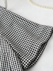 Linhara 休閒優雅編織格紋愛心刺繡短袖鈕扣領長版襯衫洋裝 大尺碼女款 - 黑與白 - 查看 5