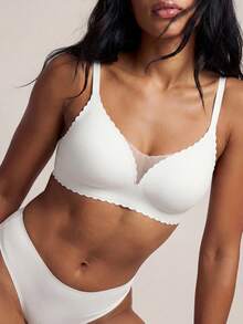 Barelissa 1pc Seamless Mesh Patchwork Solid Color Ruffle Edge Adjustable Removable Padded Wireless Bra - White - View 1