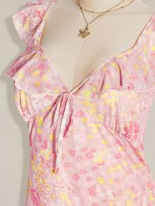 SHEIN ICON Vestido de mujer talla grande con estampado floral, patchwork, volantes en el bajo y lazo delantero - Rosa - Ver 5