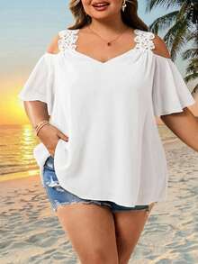 SHEIN CURVE+ 女款大尺碼夏季度假純色露肩休閒短袖襯衫 - 白色 - 查看 5
