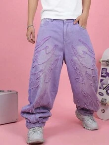 FROVYX Men's Pocket Frayed Hem Wide Leg Loose Casual Jeans, Emo Style - Mauve Purple - View 1
