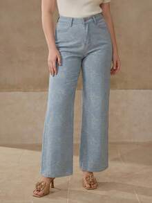 MOTF PREMIUM PLUS SIZE FLORAL PATTERN SLANTED POCKET STRAIGHT LEG JEANS - Blue - View 5